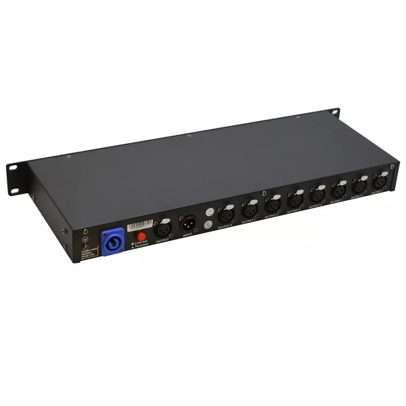 01 19 Inch 1-In 8-Out DMX512 Distributor Isolated Signal Amplifier 3/5 Pin XLR Individual LED Indicator Wide Voltage Stage Lighting Controller 8 Channel DMX Splitter 1 Input 8 Output Stage Lighting Control Device 1 In 8 Out DMX512 Signal Amplifier