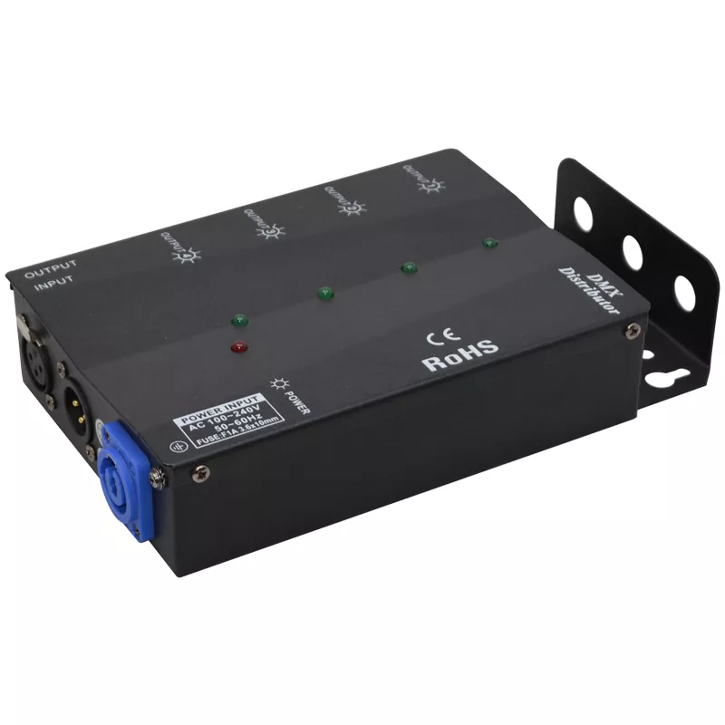 4-Way DMX512 Distributor 1-In 4-Out Isolated Amplifier PowerCON Multi Mount XLR 3/5Pin LED Indicator Stage Lighting Controller 4 Channel DMX Splitter Wide Voltage 4DX DMX Distributor Lightweight Rental Mobile Show Signal Amp