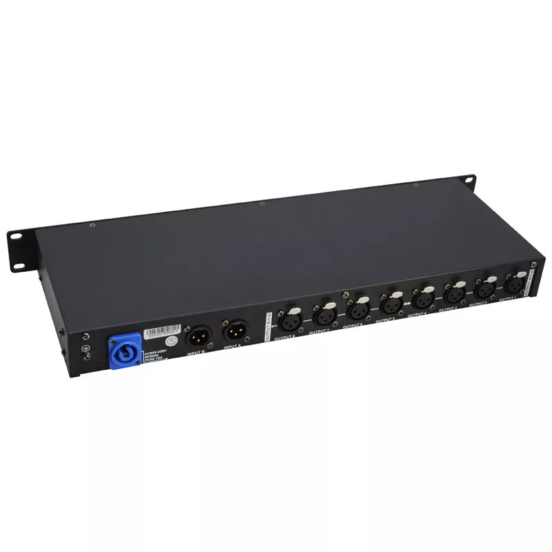 01 DMX512 2 Input 8 Output Splitter Switchable 1-In 8-Out Wide Voltage 88-256V High Voltage Isolation Professional Stage Signal Amp Distributor Wireless 2.4G 300m Transmission 2-In 8-Out DMX512 Signal Amplifier