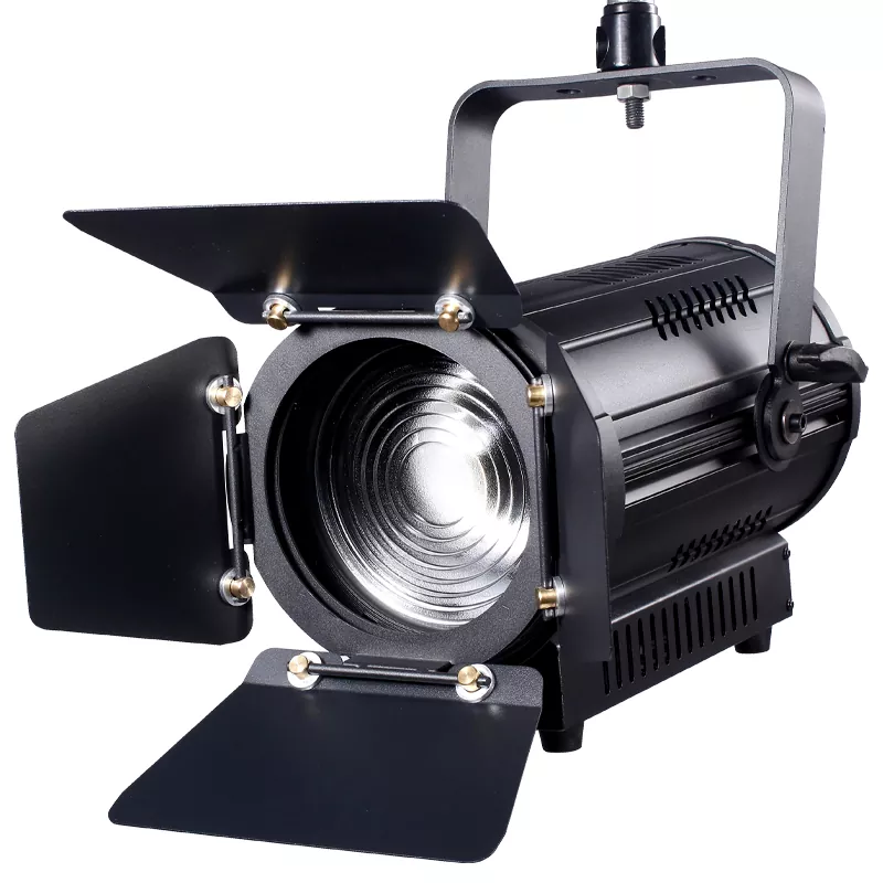 100W Fanless LED Fresnel Spotlight Manual Zoom 50000h Lifespan 15-50° CRI90+ Die-Cast Aluminum Silent/Quiet DMX512 RDM Stage Studio Lighting for Theater Exhibition Drama Gallery Banquet TV Live Show