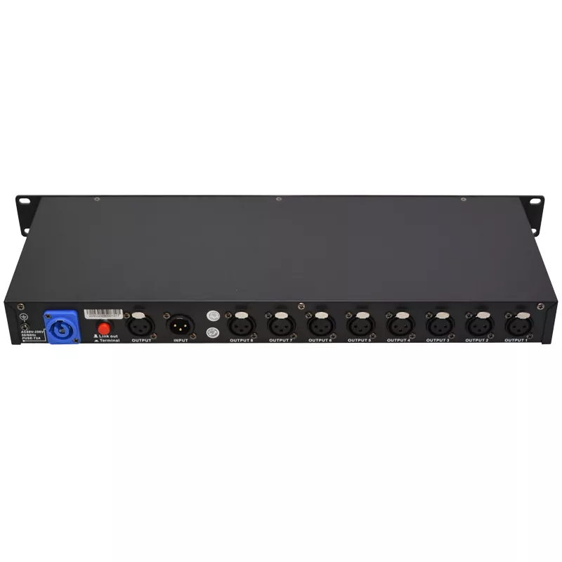 02 19 Inch 1-In 8-Out DMX512 Distributor Isolated Signal Amplifier 3/5 Pin XLR Individual LED Indicator Wide Voltage Stage Lighting Controller 8 Channel DMX Splitter 1 Input 8 Output Stage Lighting Control Device 1 In 8 Out DMX512 Signal Amplifier
