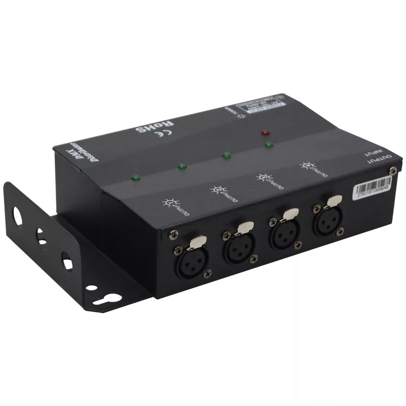 4-Way DMX512 Distributor 1-In 4-Out Isolated Amplifier PowerCON Multi Mount XLR 3/5Pin LED Indicator Stage Lighting Controller 4 Channel DMX Splitter Wide Voltage 4DX DMX Distributor Lightweight Rental Mobile Show Signal Amp