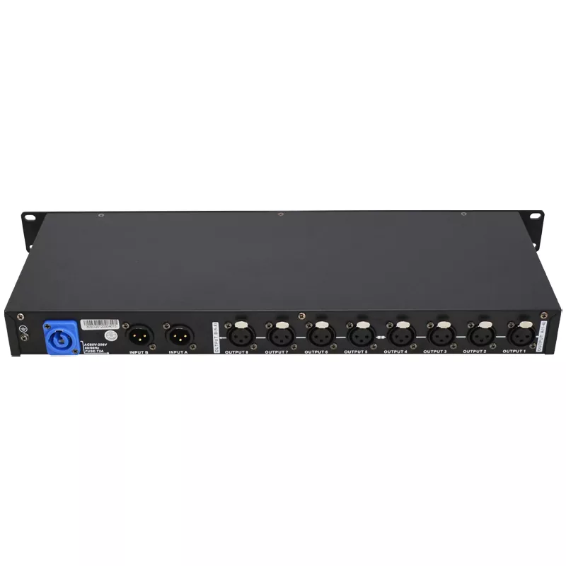 02 DMX512 2 Input 8 Output Splitter Switchable 1-In 8-Out Wide Voltage 88-256V High Voltage Isolation Professional Stage Signal Amp Distributor Wireless 2.4G 300m Transmission 2-In 8-Out DMX512 Signal Amplifier