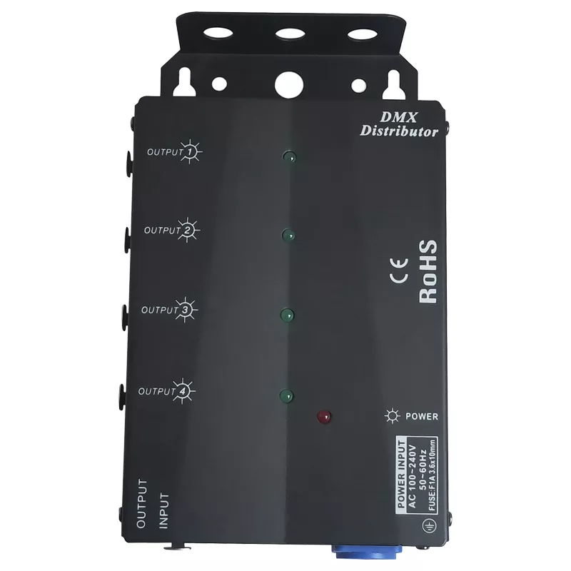 4-Way DMX512 Distributor 1-In 4-Out Isolated Amplifier PowerCON Multi Mount XLR 3/5Pin LED Indicator Stage Lighting Controller 4 Channel DMX Splitter Wide Voltage 4DX DMX Distributor Lightweight Rental Mobile Show Signal Amp