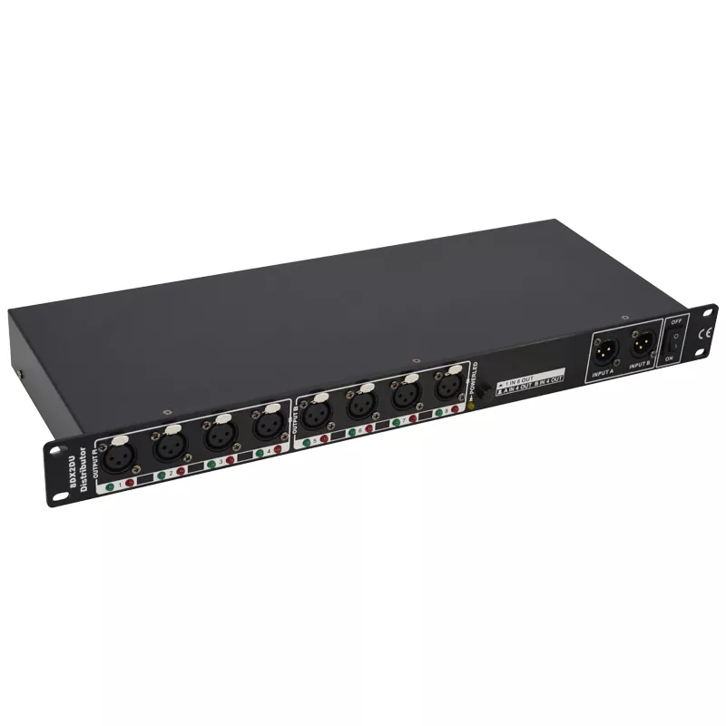 03 DMX512 2 Input 8 Output Splitter Switchable 1-In 8-Out Wide Voltage 88-256V High Voltage Isolation Professional Stage Signal Amp Distributor Wireless 2.4G 300m Transmission 2-In 8-Out DMX512 Signal Amplifier
