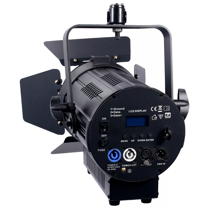 100W Fanless LED Fresnel Spotlight Manual Zoom 50000h Lifespan 15-50° CRI90+ Die-Cast Aluminum Silent/Quiet DMX512 RDM Stage Studio Lighting for Theater Exhibition Drama Gallery Banquet TV Live Show