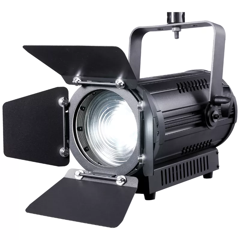 100W Fanless LED Fresnel Spotlight Manual Zoom 50000h Lifespan 15-50° CRI90+ Die-Cast Aluminum Silent/Quiet DMX512 RDM Stage Studio Lighting for Theater Exhibition Drama Gallery Banquet TV Live Show