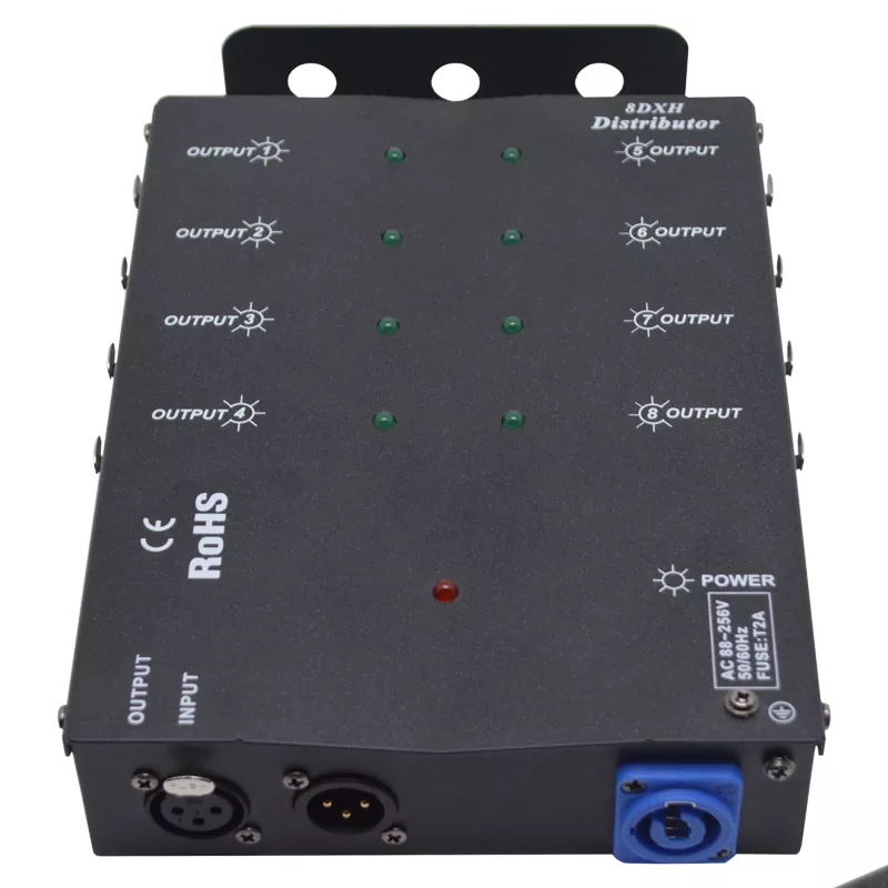 06 8-Way DMX512 Distributor 1-In 8-Out Isolated Amplifier DMX512 1×8 Output Signal Amplifier Wide Voltage Lightweight Rental Mobile Show Signal Amp PowerCON for Stage Event Club Lighting Controller