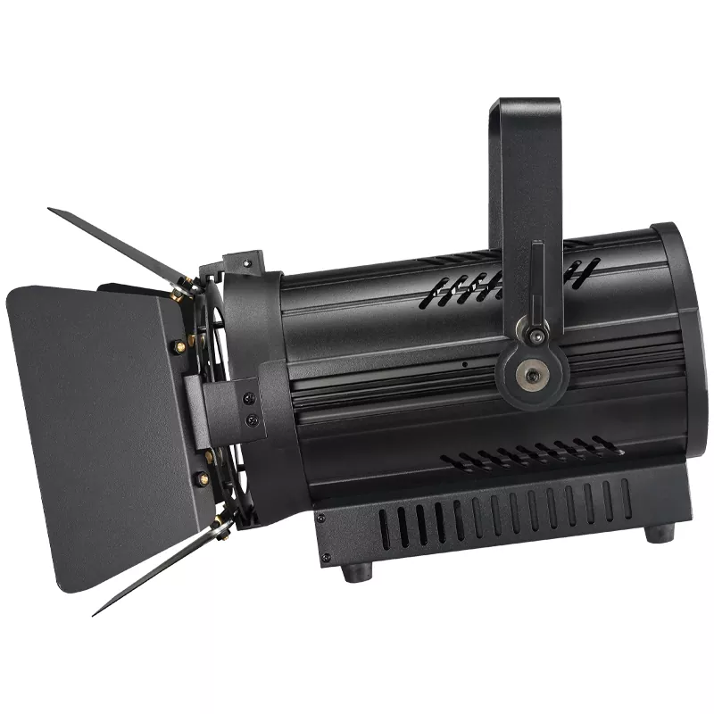 100W Fanless LED Fresnel Spotlight Manual Zoom 50000h Lifespan 15-50° CRI90+ Die-Cast Aluminum Silent/Quiet DMX512 RDM Stage Studio Lighting for Theater Exhibition Drama Gallery Banquet TV Live Show