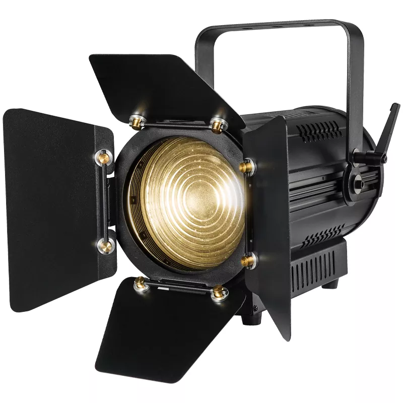 100W Fanless LED Fresnel Spotlight Manual Zoom 50000h Lifespan 15-50° CRI90+ Die-Cast Aluminum Silent/Quiet DMX512 RDM Stage Studio Lighting for Theater Exhibition Drama Gallery Banquet TV Live Show