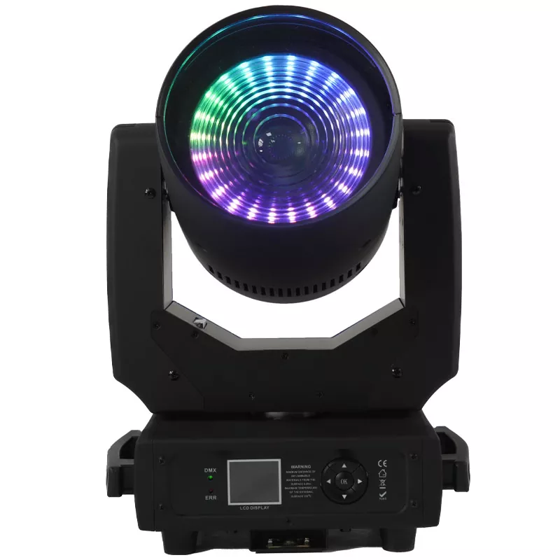 3 150W LED Zoom Wash Moving Head 120W RGBL Main Light 24pcs RGB Ring Light 4°-48° Zoom Frost Effect 16bit Pan Tilt Stage Event Lighting for Banquet Show Club DJ Studio TV Station