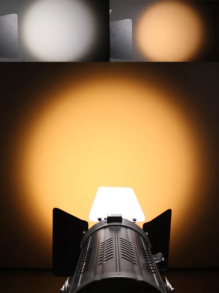 100W Fanless LED Fresnel Spotlight Manual Zoom 50000h Lifespan 15-50° CRI90+ Die-Cast Aluminum Silent/Quiet DMX512 RDM Stage Studio Lighting for Theater Exhibition Drama Gallery Banquet TV Live Show