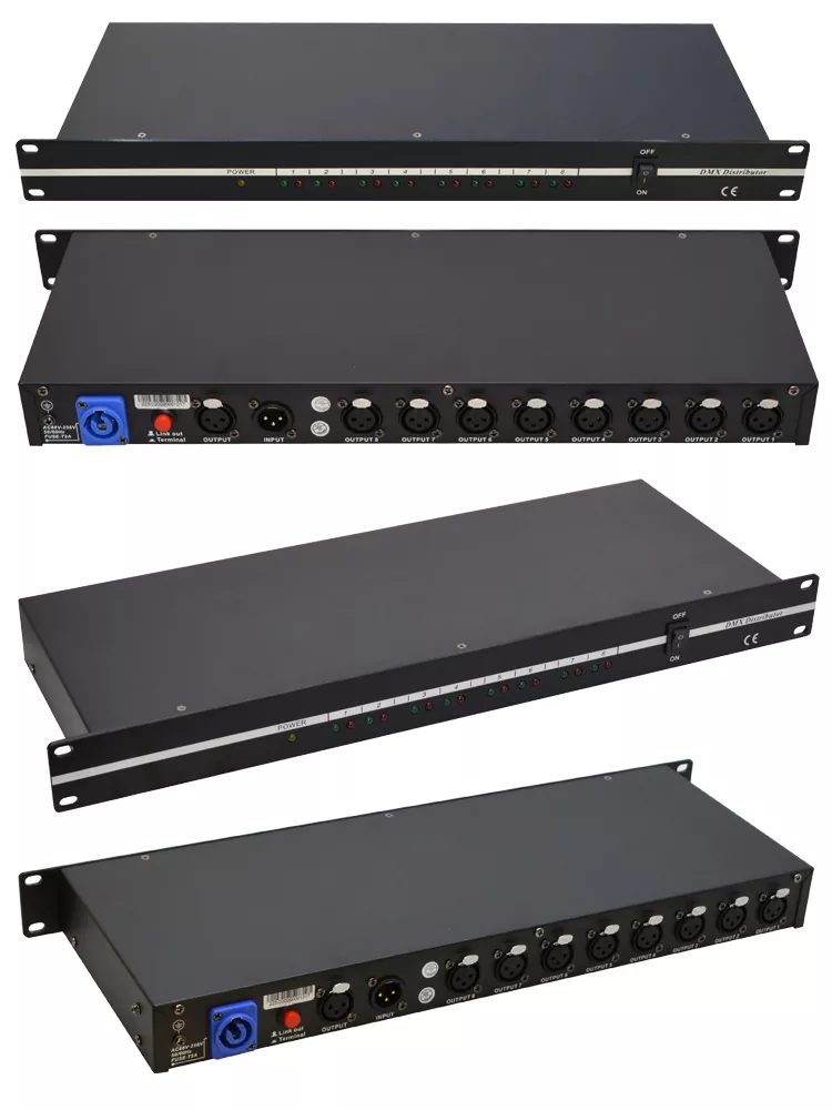 34 19 Inch 1-In 8-Out DMX512 Distributor Isolated Signal Amplifier 3/5 Pin XLR Individual LED Indicator Wide Voltage Stage Lighting Controller 8 Channel DMX Splitter 1 Input 8 Output Stage Lighting Control Device 1 In 8 Out DMX512 Signal Amplifier