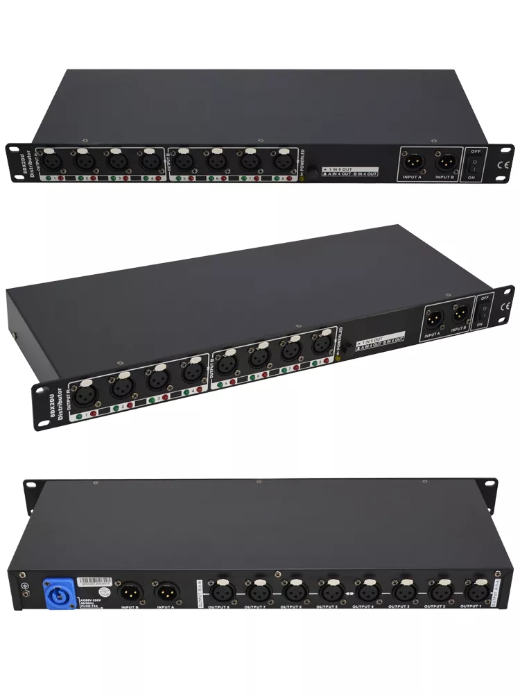 34 DMX512 2 Input 8 Output Splitter Switchable 1-In 8-Out Wide Voltage 88-256V High Voltage Isolation Professional Stage Signal Amp Distributor Wireless 2.4G 300m Transmission 2-In 8-Out DMX512 Signal Amplifier