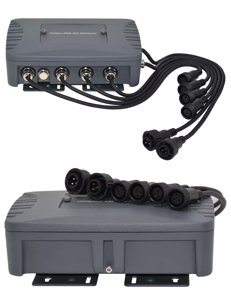 IP65 Outdoor Die-Cast Aluminum 4-Way DMX512 Distributor 1-In 4-Out Isolated Amplifier Waterproof Connector LED Stage Lighting Controller Wide Voltage 88-256V 4-Channel DMX Splitter Professional Signal Equipment