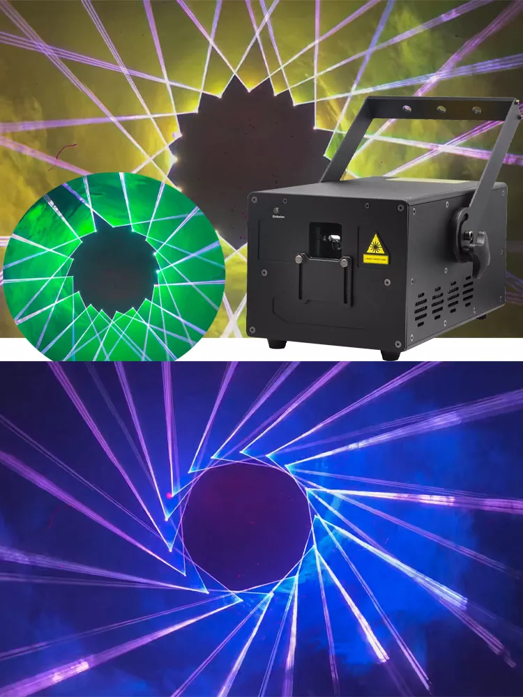 34 10W Full Diode RGB Laser Light 40KPPS Scanner ILDA DMX512 Sound Auto Control Dual Layer Structure Safety Protection Stage Laser Lamp for Live Concert Bar Club Party Stage Show Banquet Entertainment Hall Gathering Holiday Celebration
