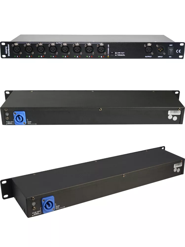 19 Inch 1U 8-Way DMX512 Distributor 1-In 8-Out Isolated Signal Amplifier Neutrik 3Pin XLR LED Indicator Stage Lighting Controller Signal Distribution Equipment Performance  Individual LED Lighting Amplifier 1-In 8-Out DMX512 Amp