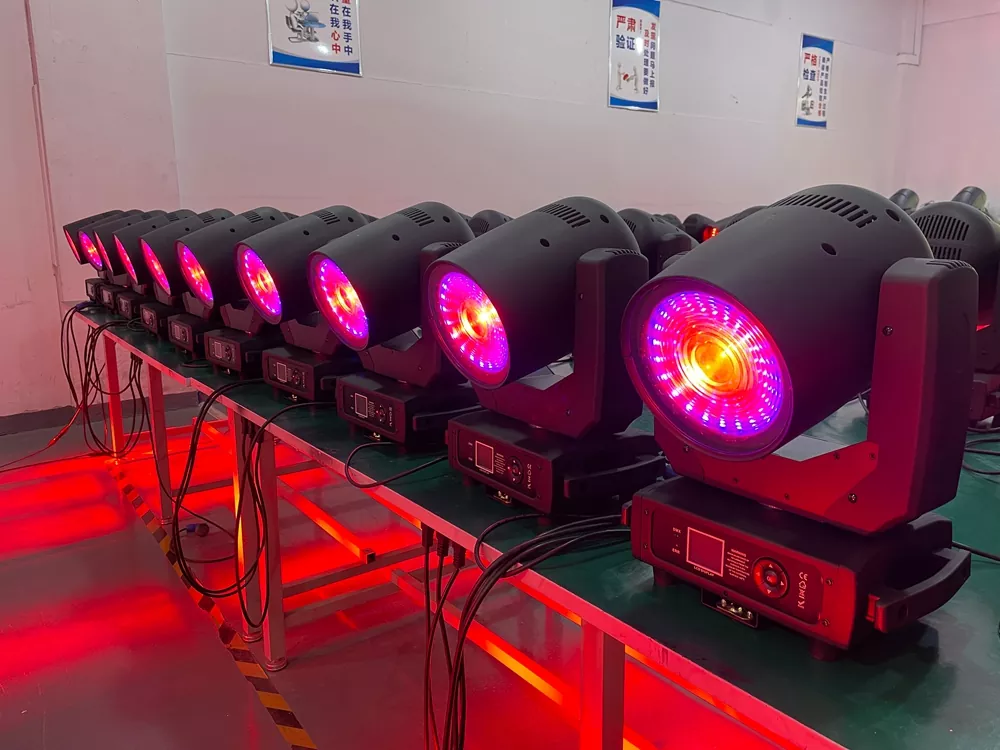 产线 (5) 150W LED Zoom Wash Moving Head 120W RGBL Main Light 24pcs RGB Ring Light 4°-48° Zoom Frost Effect 16bit Pan Tilt Stage Event Lighting for Banquet Show Club DJ Studio TV Station