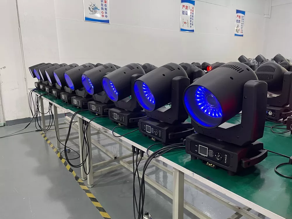 产线 (6) 150W LED Zoom Wash Moving Head 120W RGBL Main Light 24pcs RGB Ring Light 4°-48° Zoom Frost Effect 16bit Pan Tilt Stage Event Lighting for Banquet Show Club DJ Studio TV Station