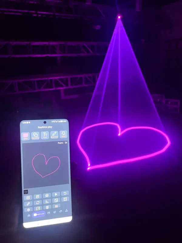 效果 (6) 15W RGB Laser Light 25KPPS Bluetooth High Speed Scanner ±25° Wide Scanning Angle IP51 Waterproof APP DMX ILDA Interface Indoor Stage Laser Projector Beam Effect for Club Performance Venues Entertainment Events