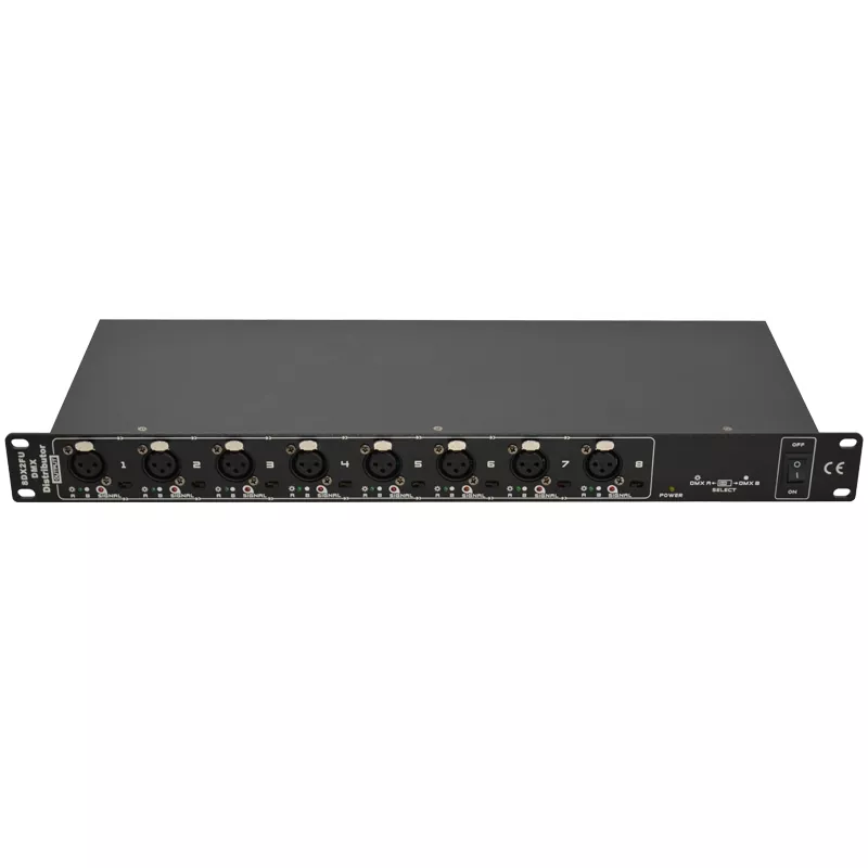1U 2IN 8OUT DMX Distributor DMX512 1990 Standard Dual 3Pin XLR HV Protection Isolated Signal Wide AC88-256V LED Indicator Rack Mount Amplifier Stage Controller Accessory Signal Switch Professional Lighting System Equipment Stable Power for Live Event Theatre Setup