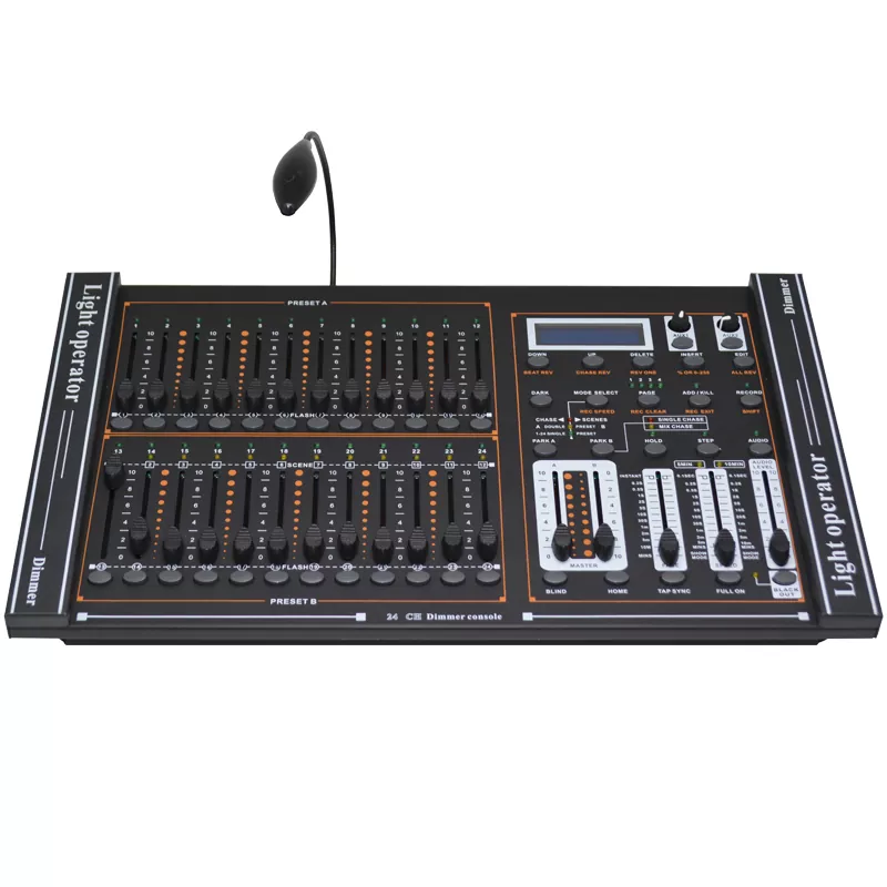 24/48CH DMX512 Dimming Console 48 Playback Faders 48000 Steps 2 Aux Buttons Adjustable Chase Fade Bidirectional Reassignable 3Pin DMX LED DC9V Device Multi Channel Lighting Controller Universal 24/48 Way DMX Console Stage Performance Equipment Indoor Lighting Controller