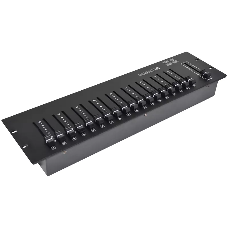 01 18CH DMX512 Controller Optical Isolated Output Master Fader Dual LED Display Auto Memory Compact Rack Console 18 Way Dimming Desk Professional 18 Channel Lighting Controller Output Indoor Equipment Optical Isolation DMX Console