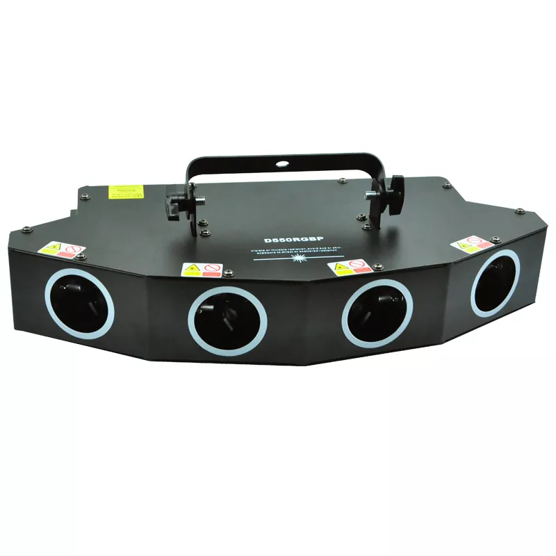 01 RGBP Four Tunnel Laser Light 150mW Red 50mW Green 100mW Blue 250mW Purple Wide Beam Micro-step Scanner 7CH DMX 3Pin XLR Sound Auto Master Slave 100+ Patterns Laser Projector Large Scanning Angle Professional Stage Lighting for Entertainment Venues