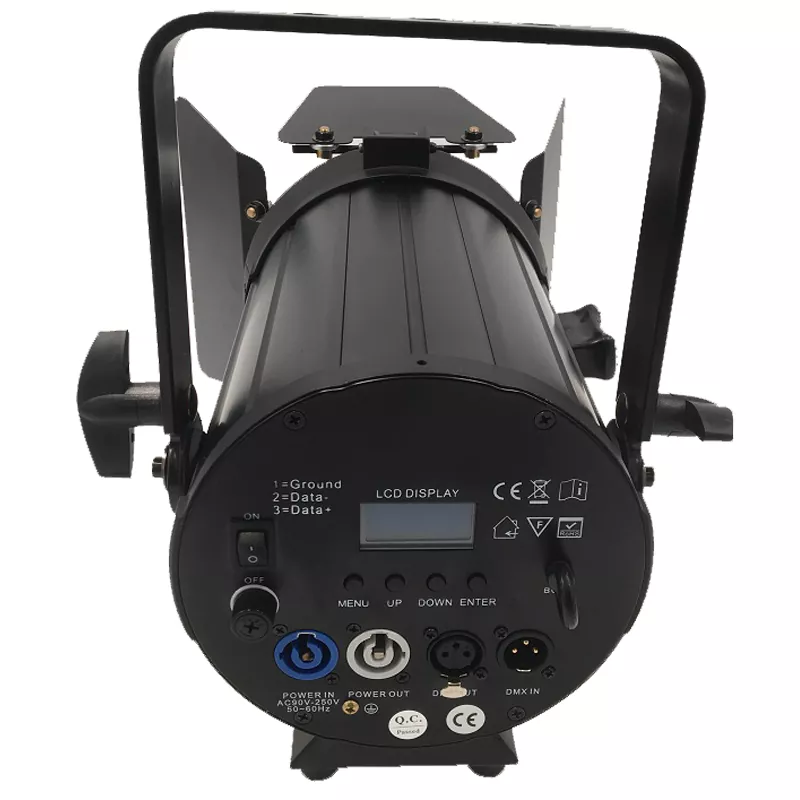 02 100W Mini LED Fresnel Spot Light Single CW WW 2IN1 RGBW 4IN1 Import COB Ra≥90 15-50Deg Manual Zoom Linear Dim DMX Master Slave Sound Auto Aluminum Black IP20 Stage Fill Lamp for Wedding Theatre Light Unit Indoor Studio Lighting Equipment Commercial Event Spotlight