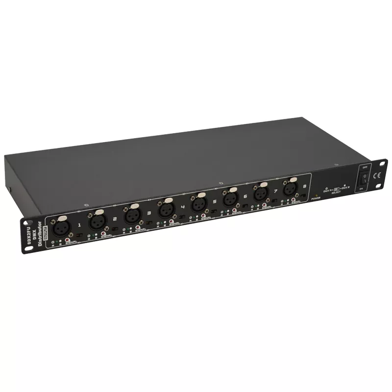 1U 2IN 8OUT DMX Distributor DMX512 1990 Standard Dual 3Pin XLR HV Protection Isolated Signal Wide AC88-256V LED Indicator Rack Mount Amplifier Stage Controller Accessory Signal Switch Professional Lighting System Equipment Stable Power for Live Event Theatre Setup