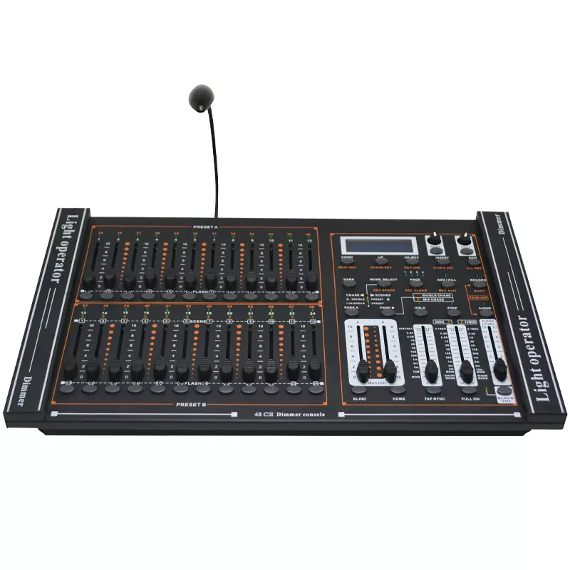 24/48CH DMX512 Dimming Console 48 Playback Faders 48000 Steps 2 Aux Buttons Adjustable Chase Fade Bidirectional Reassignable 3Pin DMX LED DC9V Device Multi Channel Lighting Controller Universal 24/48 Way DMX Console Stage Performance Equipment Indoor Lighting Controller