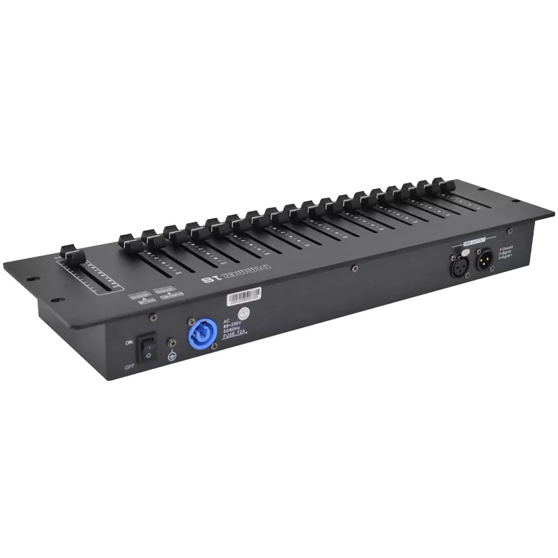 02 18CH DMX512 Controller Optical Isolated Output Master Fader Dual LED Display Auto Memory Compact Rack Console 18 Way Dimming Desk Professional 18 Channel Lighting Controller Output Indoor Equipment Optical Isolation DMX Console