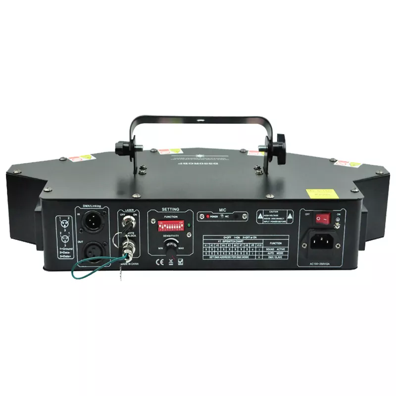 02 RGBP Four Tunnel Laser Light 150mW Red 50mW Green 100mW Blue 250mW Purple Wide Beam Micro-step Scanner 7CH DMX 3Pin XLR Sound Auto Master Slave 100+ Patterns Laser Projector Large Scanning Angle Professional Stage Lighting for Entertainment Venues