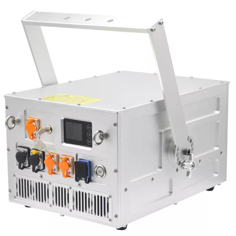 02 IP65 Outdoor RGB Laser Projector 10W/15W Dual-layer Structure Big Radiator 40KPPS 60° High-precision Scanner Analog Linear Dimming LCD Touch ILDA DMX FB4 Multi Safety System Wide Temp Stage Light Indoor Outdoor Fixture Small Beam for Landscape Stage Events