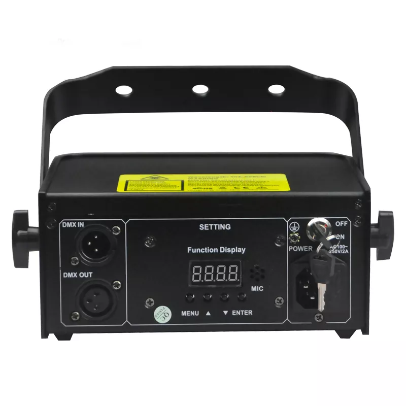 02 3-aperture RGB Laser 24 Patterns Stereoscopic Beam 4CH DMX Black Out Sound Auto Master-Slave Key Switch 10W 100-250V Compact 1.3Kg Portable Stage Light Mini RGB Laser Fixture for Disco KTV Bar Party Entertainment Lighting Indoor Venues