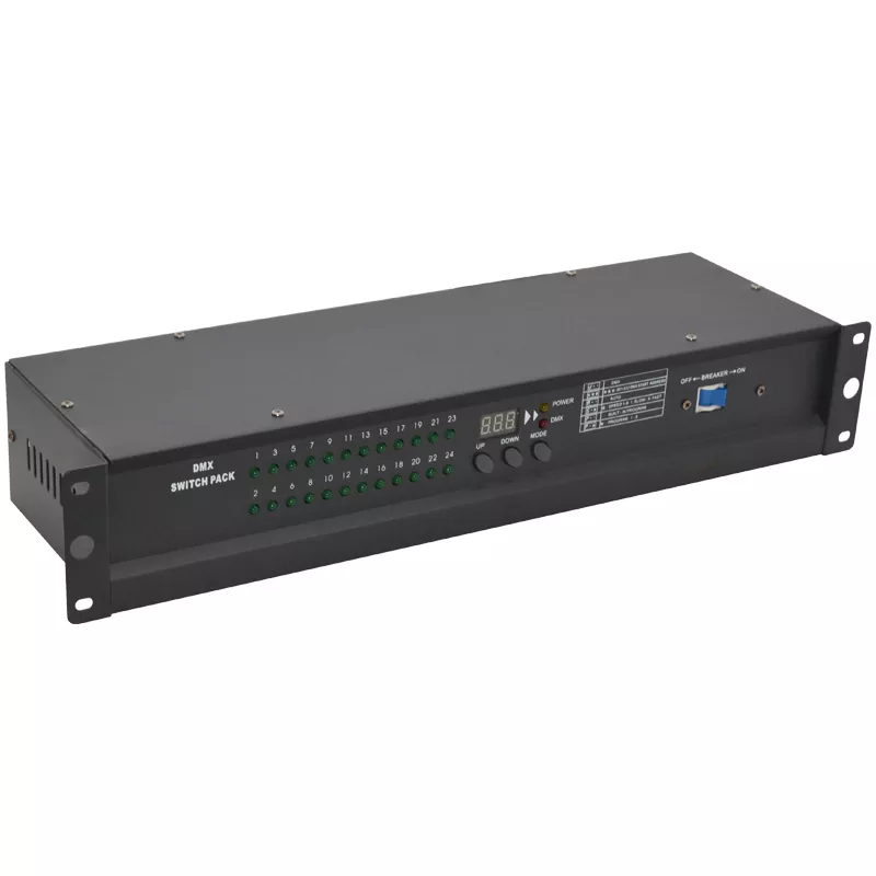 24CH DMX Switch Pack DMX512 Triac Zero Crossing 0.5A Per Channel 12A Total 9 Chase Programs Adjustable Speed LED Indicator Overcurrent Fuse 3Pin XLR AC88-256V Rack Device 24 Way Lighting Switch Professional Controller Performance Stage Power Distributor for Large Lighting System