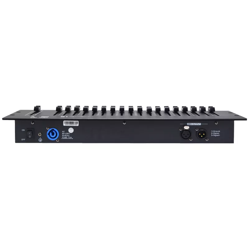 03 18CH DMX512 Controller Optical Isolated Output Master Fader Dual LED Display Auto Memory Compact Rack Console 18 Way Dimming Desk Professional 18 Channel Lighting Controller Output Indoor Equipment Optical Isolation DMX Console