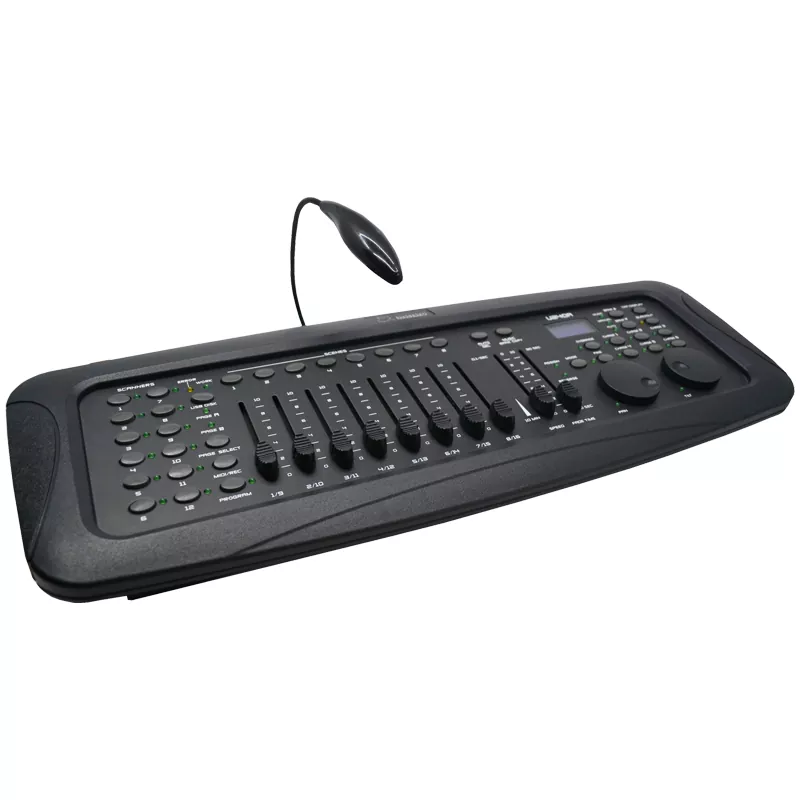 03 U240A DMX Controller 12 Scanners 16 Channels 20 Banks 160 Scenes 6 Chases Assign Wheels Reversible Channels USB Backup DC9-12V 2.65KG Professional Lighting Console Universal DMX512 Desk Stage Controller Multi-function Lighting Console for Professional Stage Use