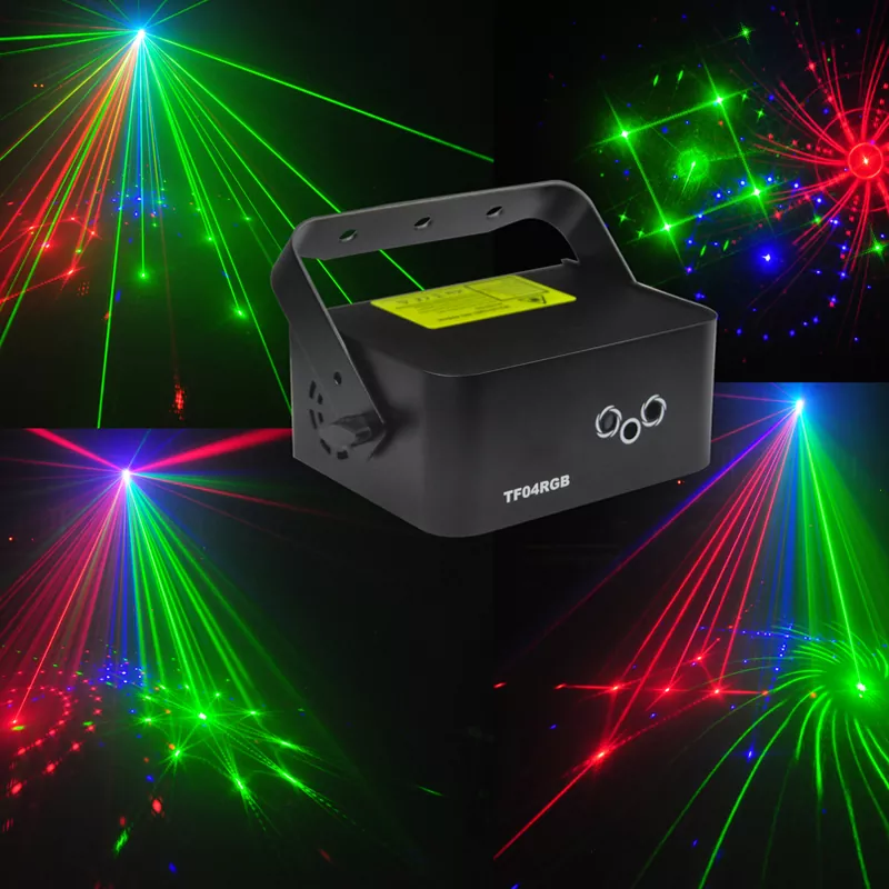 03 3-aperture RGB Laser 24 Patterns Stereoscopic Beam 4CH DMX Black Out Sound Auto Master-Slave Key Switch 10W 100-250V Compact 1.3Kg Portable Stage Light Mini RGB Laser Fixture for Disco KTV Bar Party Entertainment Lighting Indoor Venues