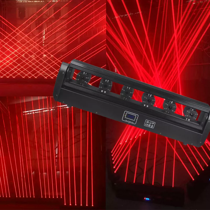 Six-head Red Swing Moving Head Laser 500mW Semiconductor TTL Modulation 240° Y-axis 11/19/24CH DMX Sound Auto Master-Slave Skynet Flow Strobe Effects 180W Indoor Stage Light Entertainment Fixture Indoor Performance Equipment for Bar KTV Banquet Hall Dance Studio Live Music Party Club
