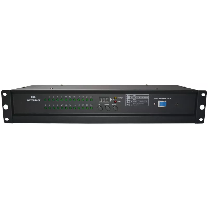 24CH DMX Switch Pack DMX512 Triac Zero Crossing 0.5A Per Channel 12A Total 9 Chase Programs Adjustable Speed LED Indicator Overcurrent Fuse 3Pin XLR AC88-256V Rack Device 24 Way Lighting Switch Professional Controller Performance Stage Power Distributor for Large Lighting System