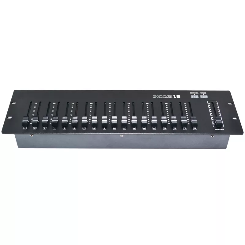 04 18CH DMX512 Controller Optical Isolated Output Master Fader Dual LED Display Auto Memory Compact Rack Console 18 Way Dimming Desk Professional 18 Channel Lighting Controller Output Indoor Equipment Optical Isolation DMX Console
