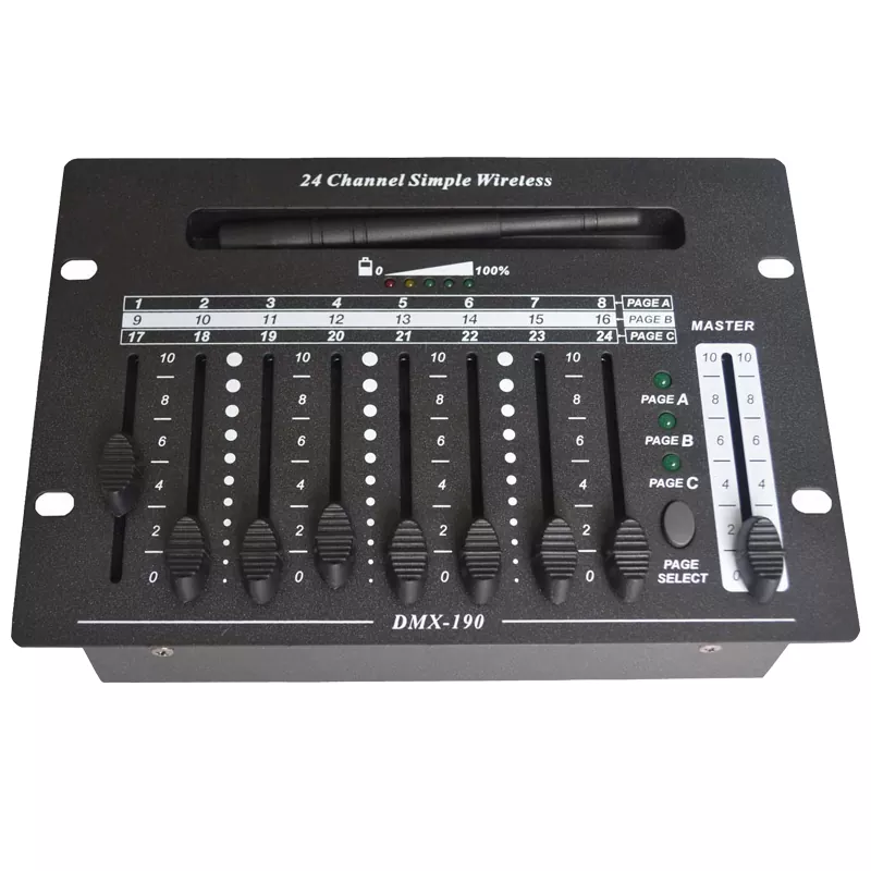 24CH DMX Controller Wired Wireless Dual Mode 2.4G 300M Range Rechargeable Battery AC88-256V Master Slider Page Switch Power Indicator Memory Function 3Pin DMX Portable 24 Channel Portable Lighting Console Lightweight Device Wireless 24CH DMX Desk for Bar Show Party Disco DJ Stage Controller