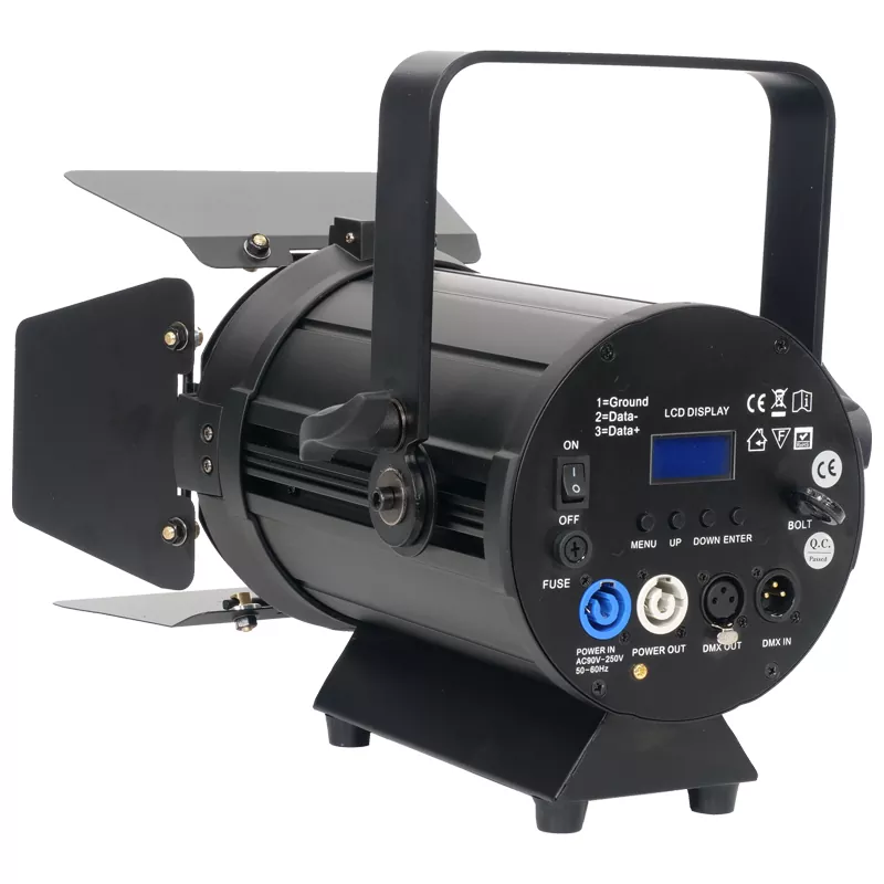 05 100W Mini LED Fresnel Spot Light Single CW WW 2IN1 RGBW 4IN1 Import COB Ra≥90 15-50Deg Manual Zoom Linear Dim DMX Master Slave Sound Auto Aluminum Black IP20 Stage Fill Lamp for Wedding Theatre Light Unit Indoor Studio Lighting Equipment Commercial Event Spotlight