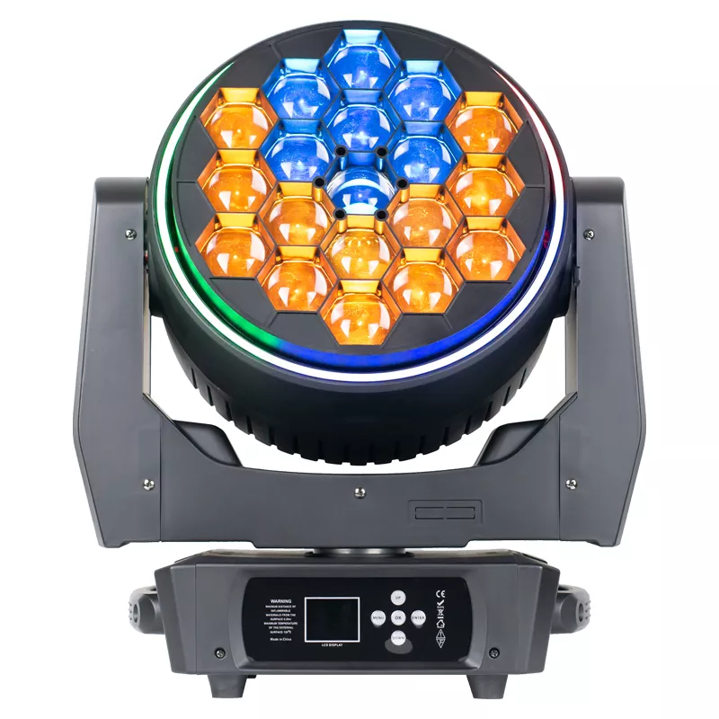 05 19*40W OSRAM Bee Eye Zoom Wash Moving Head With RGB Strip 760W AC100-240V Multi DMX CTO Kaleidoscope Color LCD IP20 Stage Light 50000H Long Lifespan Variable Strobe Horse Race Effect Fixture 2800K-8500K CCT Full Dimming Equipment Indoor Truss Mount Performance Lamp