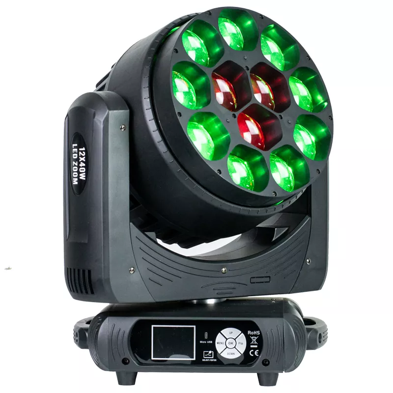 06 12*40W RGBW 4-in-1 Zoom Wash Moving Head 500W DMX 5-50° Zoom Pixel Mapping LCD IP20 Stage Washer Lighting Fixture Motorized Wide Zoom Multi Channel Professional Performance Lamp Indoor Stage Equipment for Gala Nightclub Wedding Conference Show Wedding Events