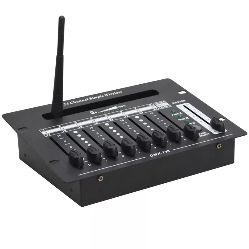 24CH DMX Controller Wired Wireless Dual Mode 2.4G 300M Range Rechargeable Battery AC88-256V Master Slider Page Switch Power Indicator Memory Function 3Pin DMX Portable 24 Channel Portable Lighting Console Lightweight Device Wireless 24CH DMX Desk for Bar Show Party Disco DJ Stage Controller