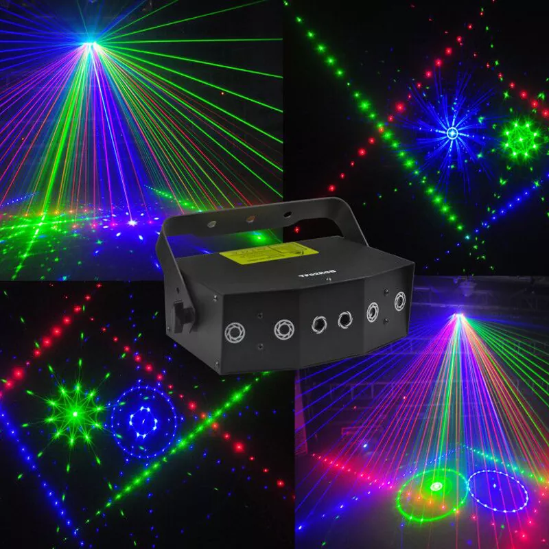 1 (11) 6-aperture RGB Laser 24 Patterns 1D Sector Crossing Beams 6CH DMX Black Out Sound Auto Master-Slave Key Switch 15W 100-250V Compact 2.2Kg Stage Light Multi-beam Animation Laser Indoor Entertainment Fixture for Party Venues Stage Equipment Colorful Laser Lighting