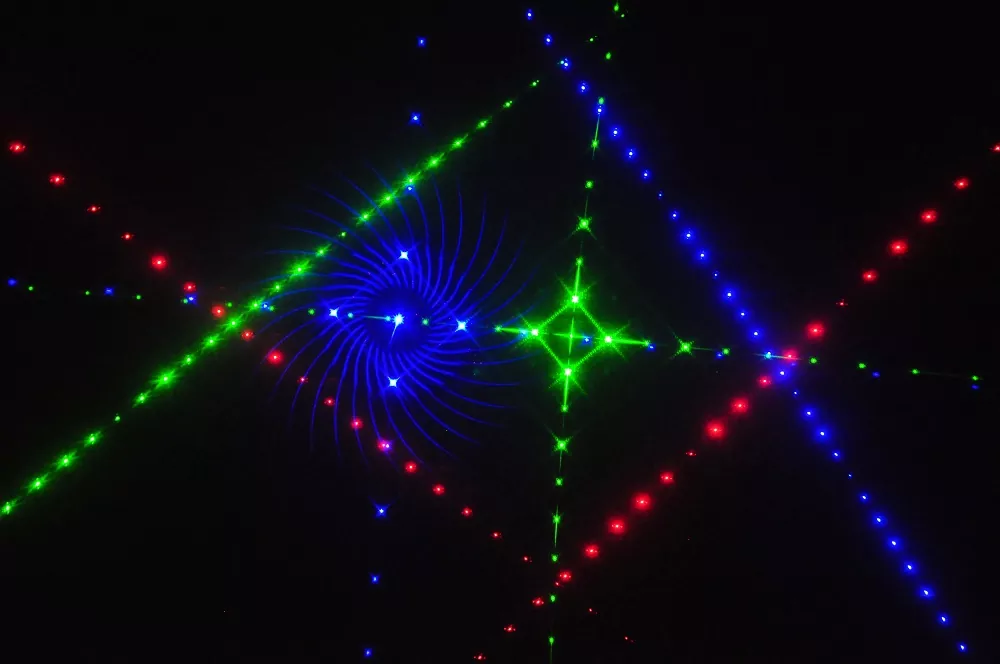 6-aperture RGB Laser 24 Patterns 1D Sector Crossing Beams 6CH DMX Black Out Sound Auto Master-Slave Key Switch 15W 100-250V Compact 2.2Kg Stage Light Multi-beam Animation Laser Indoor Entertainment Fixture for Party Venues Stage Equipment Colorful Laser Lighting