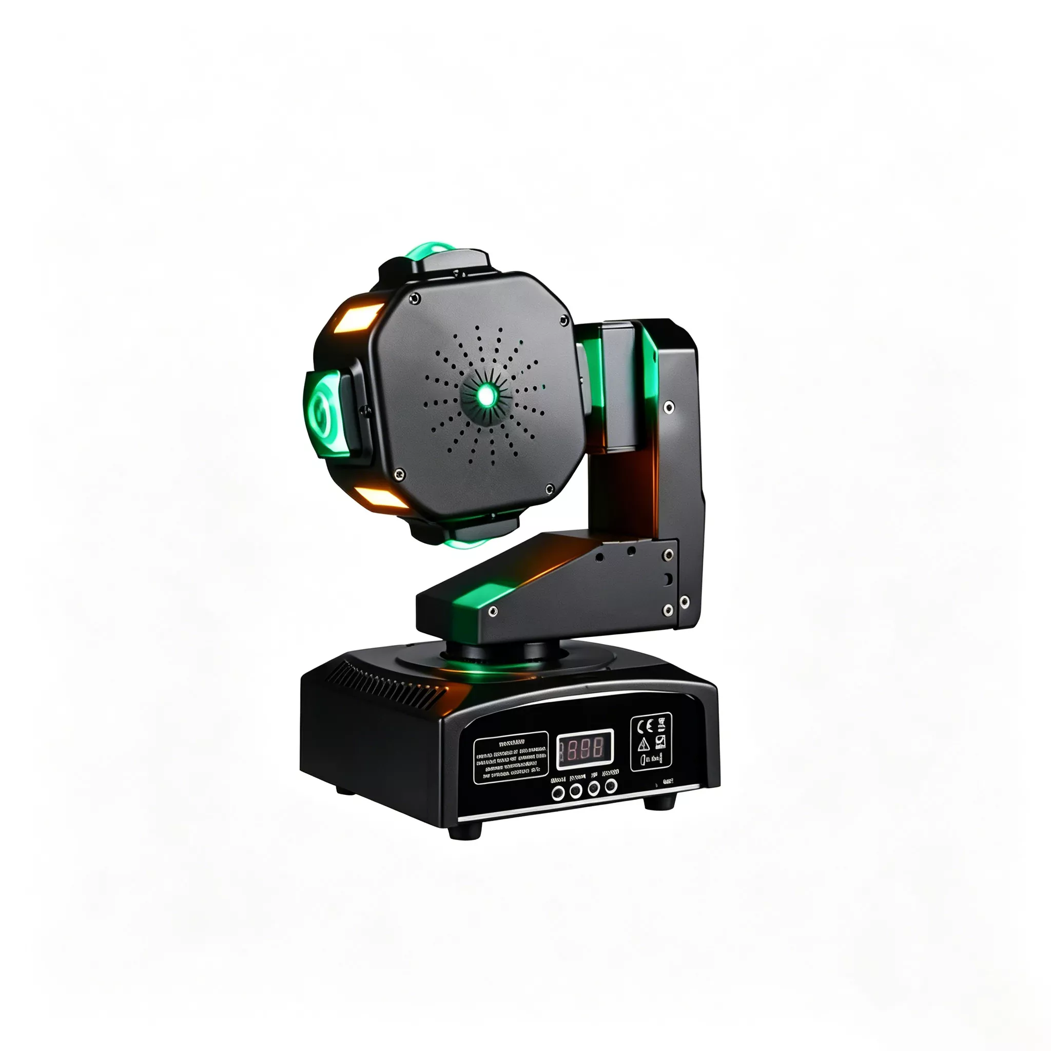 1 (2) Mini Alien Triple Axis Moving Head Light 100W CREE RGBW Green Laser Golden Light 20Hz Strobe Ultra Smooth Dimming Aluminum Cooling Fixture Built-in Macro Effects IR Remote Compact Mini Lamp Indoor KTV Bar Party Performance Unit for Trainning Room Mini Holiday Show Disco Live Show Mini Stage
